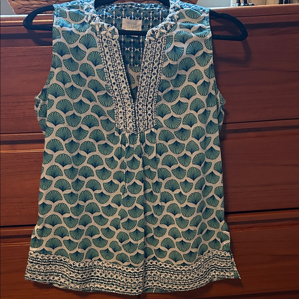 Sigrid Olsen Teal and White Sleeveless Printed Tank